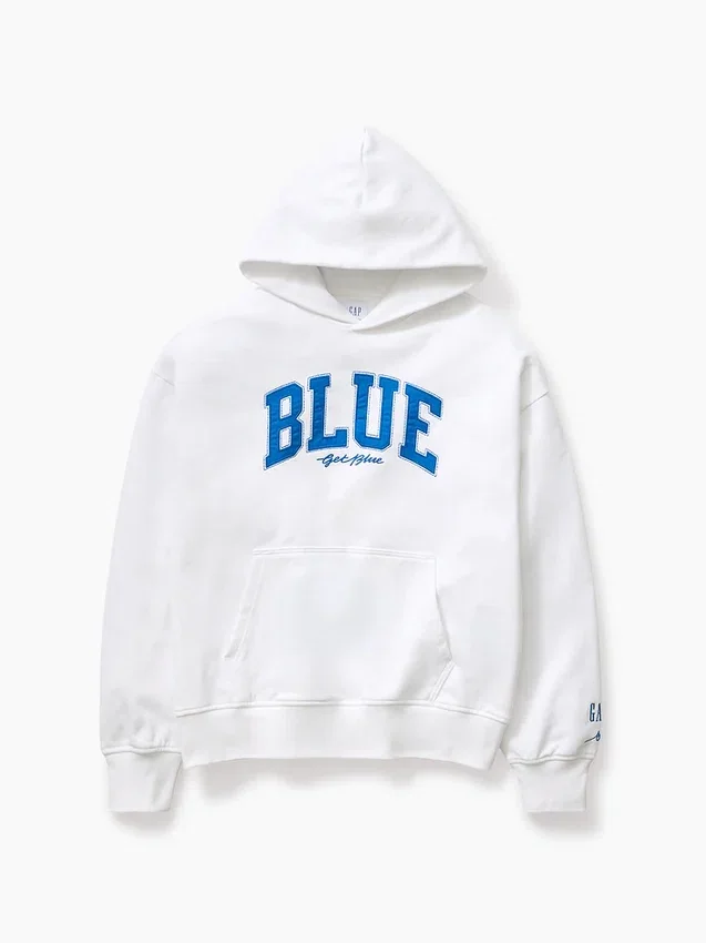 Consigue la sudadera con capucha de felpa francesa gruesa azul con logotipo
