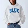 Consigue la sudadera con capucha de felpa francesa gruesa azul con logotipo