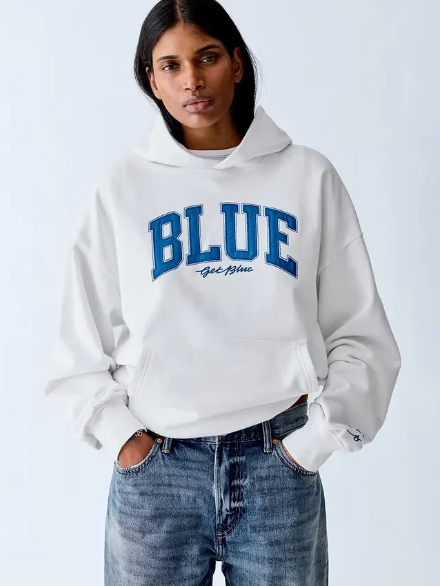 Consigue la sudadera con capucha de felpa francesa gruesa azul con logotipo
