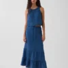 Falda maxi holgada en capas de gasa de algodón con efecto denim