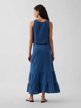 Falda maxi holgada en capas de gasa de algodón con efecto denim