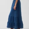 Falda maxi holgada en capas de gasa de algodón con efecto denim