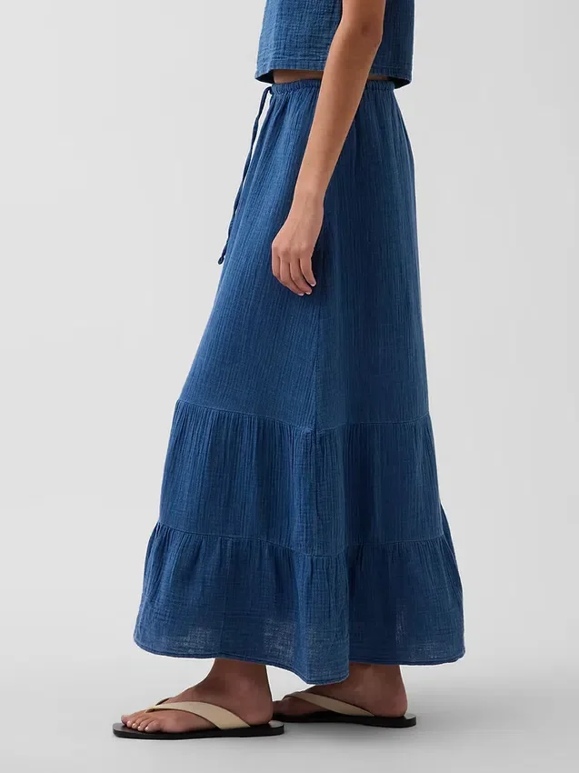 Falda maxi holgada en capas de gasa de algodón con efecto denim