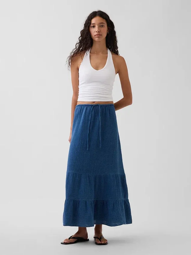 Falda maxi holgada en capas de gasa de algodón con efecto denim