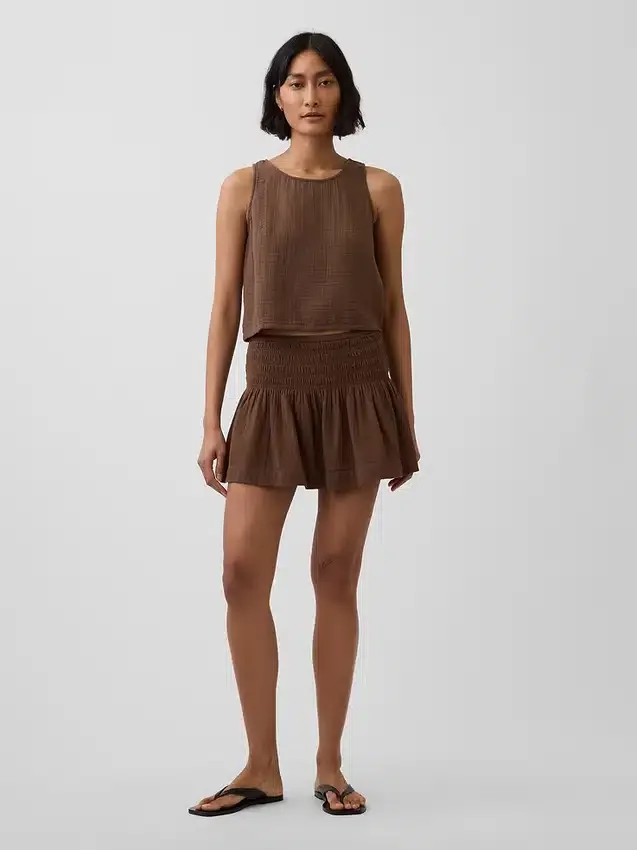 Faldita-pantalón mini de gasa de algodón con cintura fruncida
