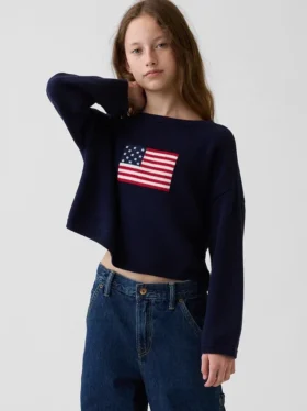 Jerséu infantil de ganchillo oversize con motivos americanos