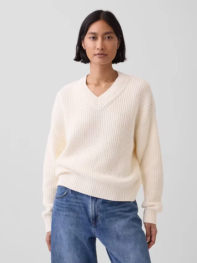 Jerséu oversize de cuello en V con punto Shaker, 100 % algodón