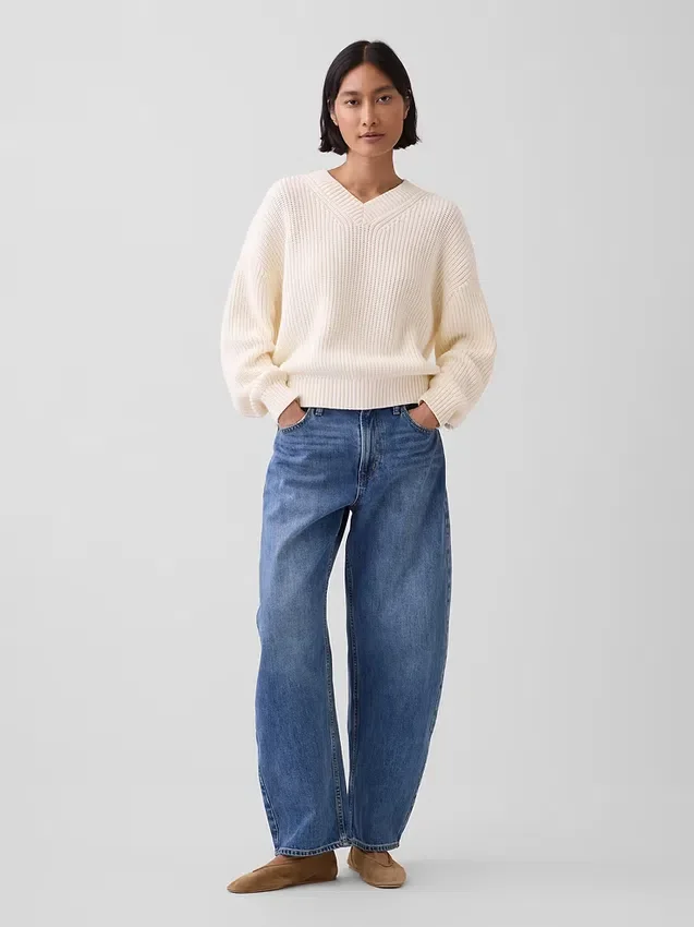 Jerséu oversize de cuello en V con punto Shaker, 100 % algodón