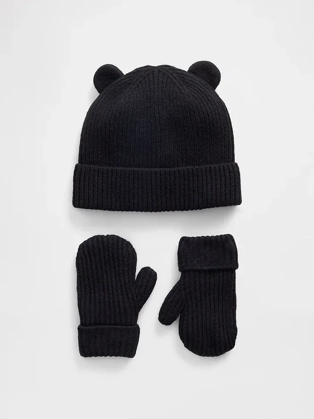 Juego de gorrito y mitones CashSoft con osito para bebés y niños pequeños