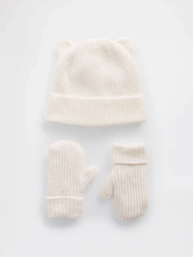 Juego de gorrito y mitones CashSoft con osito para bebés y niños pequeños