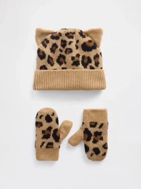 Juego de gorrito y mitones de leopardo CashSoft para bebés y niños pequeños