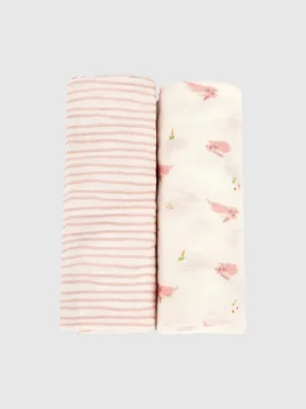 Juego de mantitas de bambú con conejito y onda rosa
