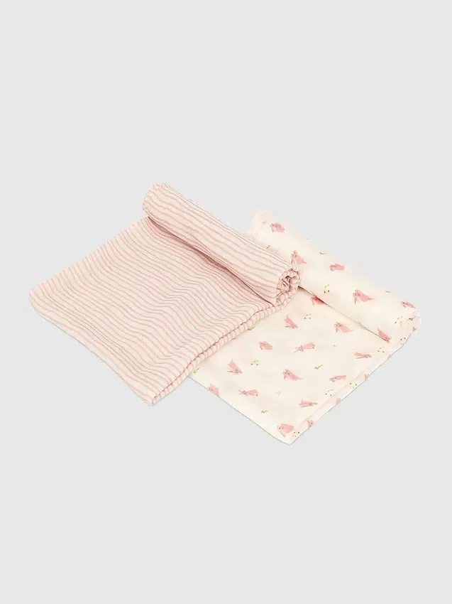 Juego de mantitas de bambú con conejito y onda rosa