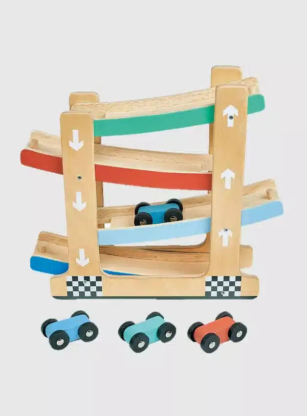 Juguete de madera para niños pequeños: autos de carreras en rampa