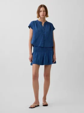 Mini falda-pantalón de mezclilla de gasa de algodón con cintura fruncida