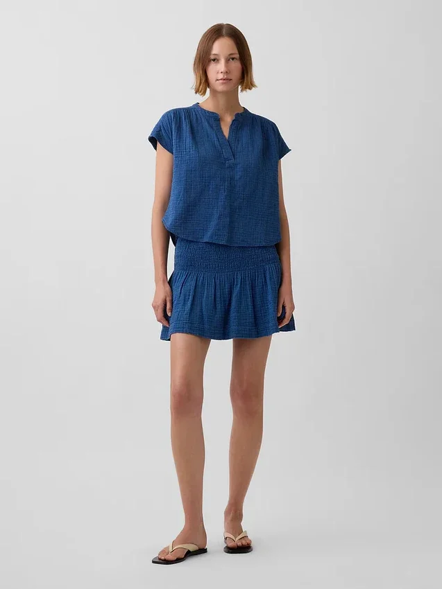 Mini falda-pantalón de mezclilla de gasa de algodón con cintura fruncida