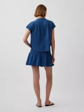Mini falda-pantalón de mezclilla de gasa de algodón con cintura fruncida