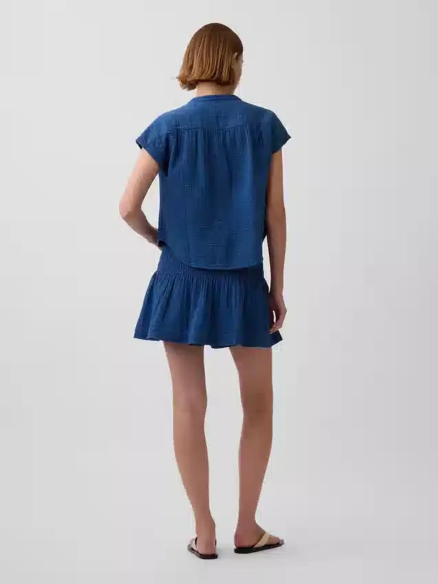 Mini falda-pantalón de mezclilla de gasa de algodón con cintura fruncida