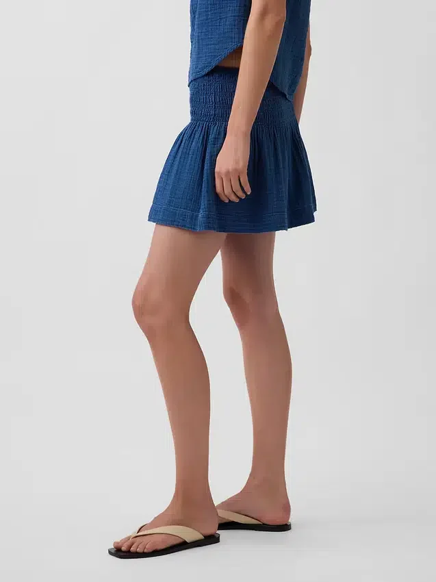 Mini falda-pantalón de mezclilla de gasa de algodón con cintura fruncida