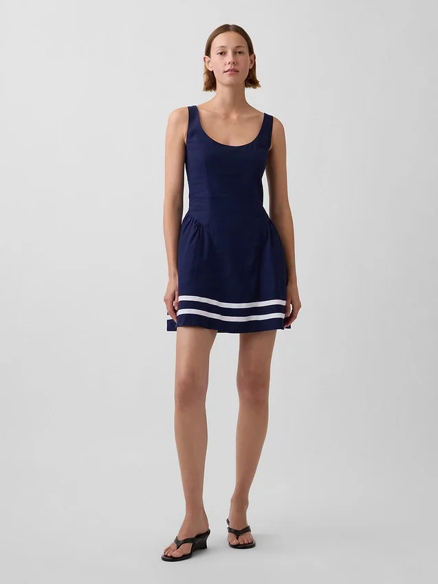 Mini vestido de cintura baja en mezcla de lino