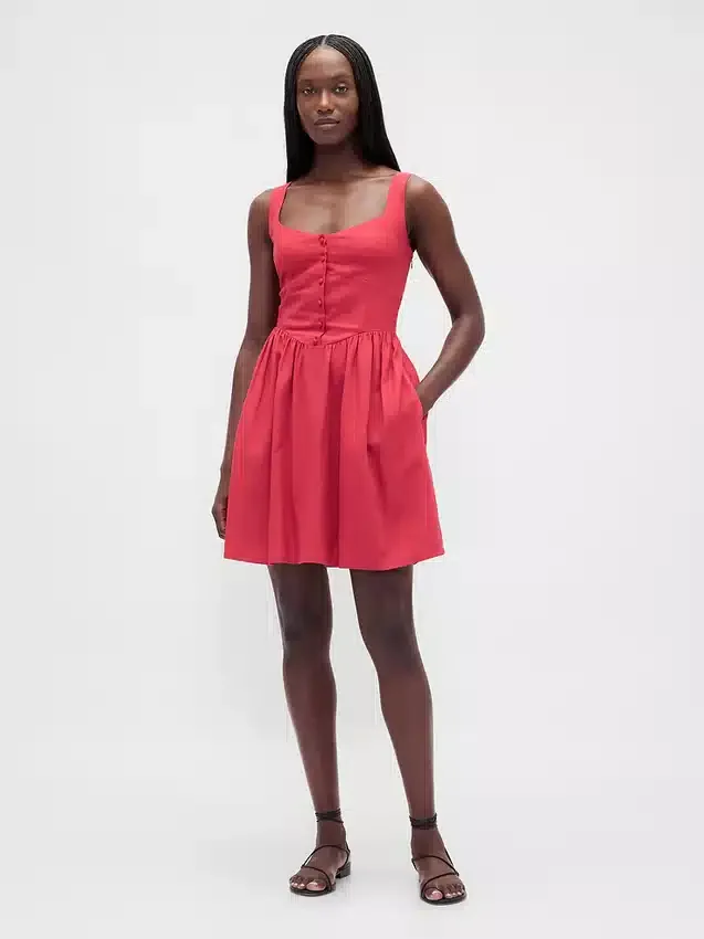 Mini vestido de cintura baja en mezcla de lino