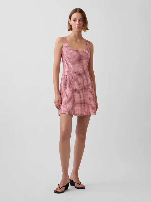 Mini vestido de cintura baja en mezcla de lino