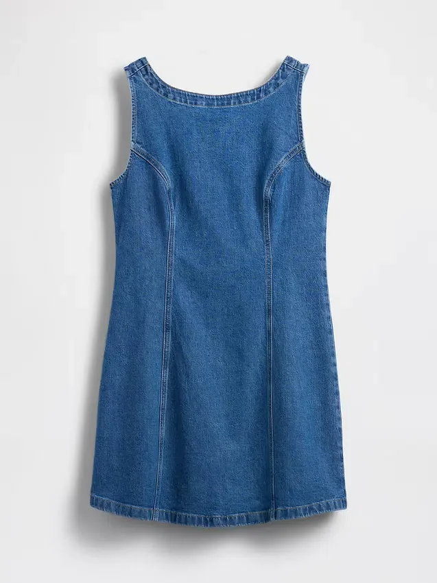Mini vestido de mezclilla con cuello de barco y espalda abierta