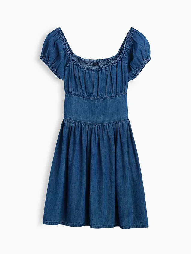 Mini vestido de mezclilla para niñas con mangas abullonadas