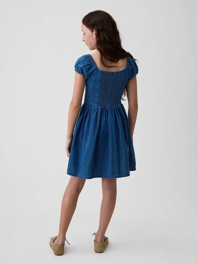 Mini vestido de mezclilla para niñas con mangas abullonadas
