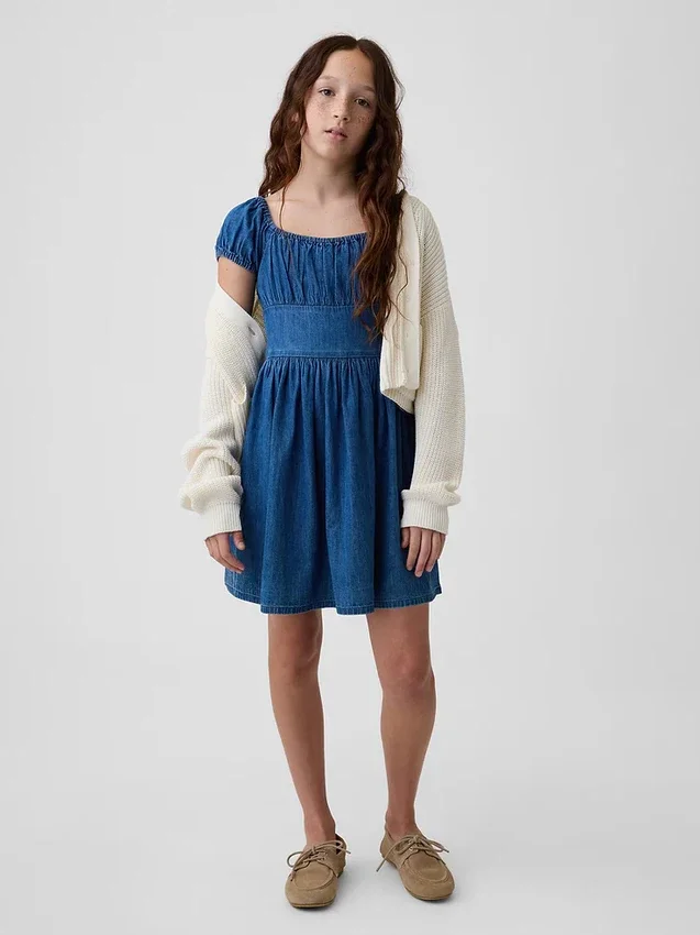 Mini vestido de mezclilla para niñas con mangas abullonadas