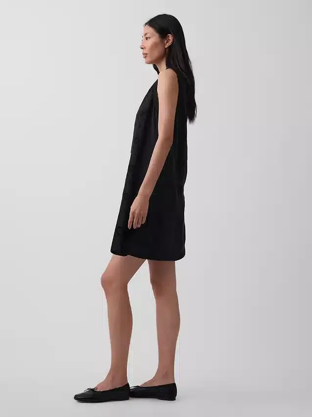 Mini vestido recto bordado de mezcla de lino