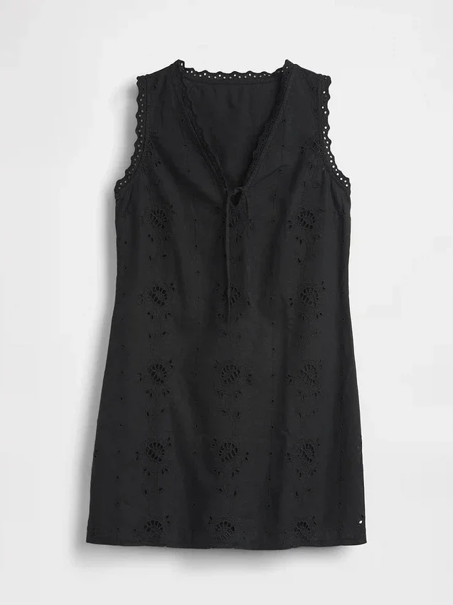 Mini vestido recto bordado de mezcla de lino