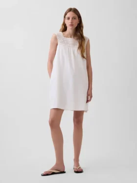Minivestido con canesú de crochet de mezcla de lino