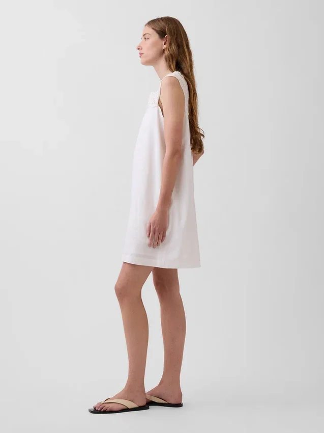 Minivestido con canesú de crochet de mezcla de lino