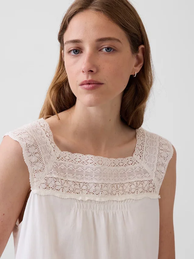 Minivestido con canesú de crochet de mezcla de lino