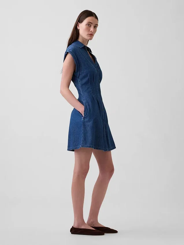 Minivestido de camisa de mezclilla plisado