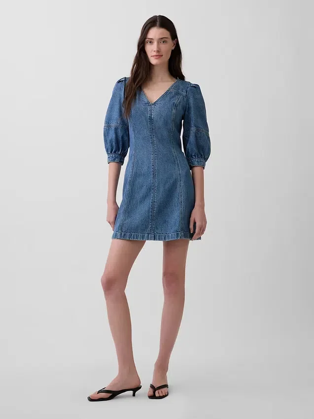 Minivestido de mezclilla ultrasuave con mangas abullonadas