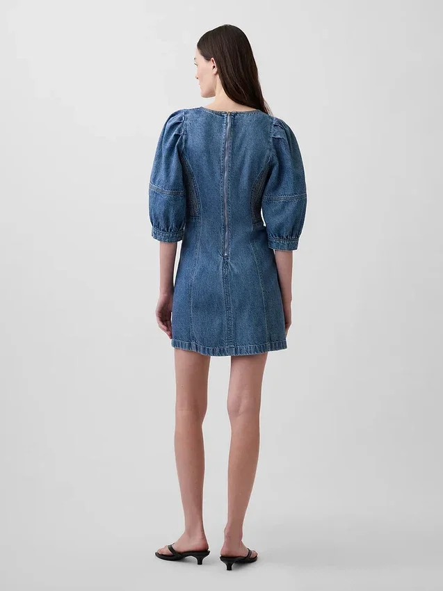 Minivestido de mezclilla ultrasuave con mangas abullonadas