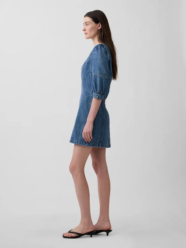 Minivestido de mezclilla ultrasuave con mangas abullonadas
