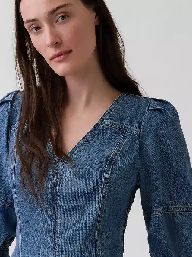 Minivestido de mezclilla ultrasuave con mangas abullonadas