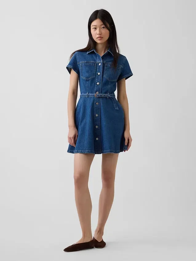 Minivestido tipo camisa de mezclilla con cinturón