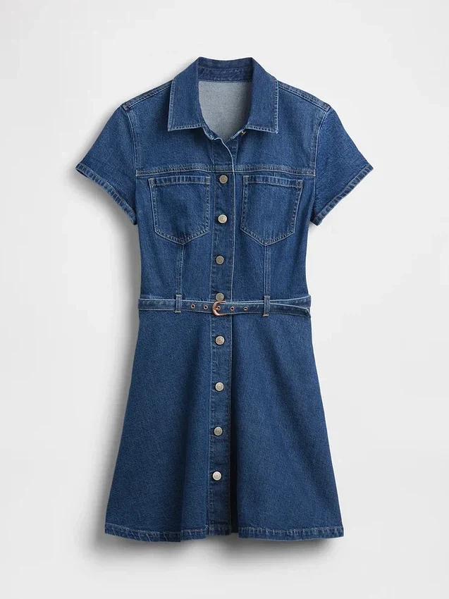 Minivestido tipo camisa de mezclilla con cinturón