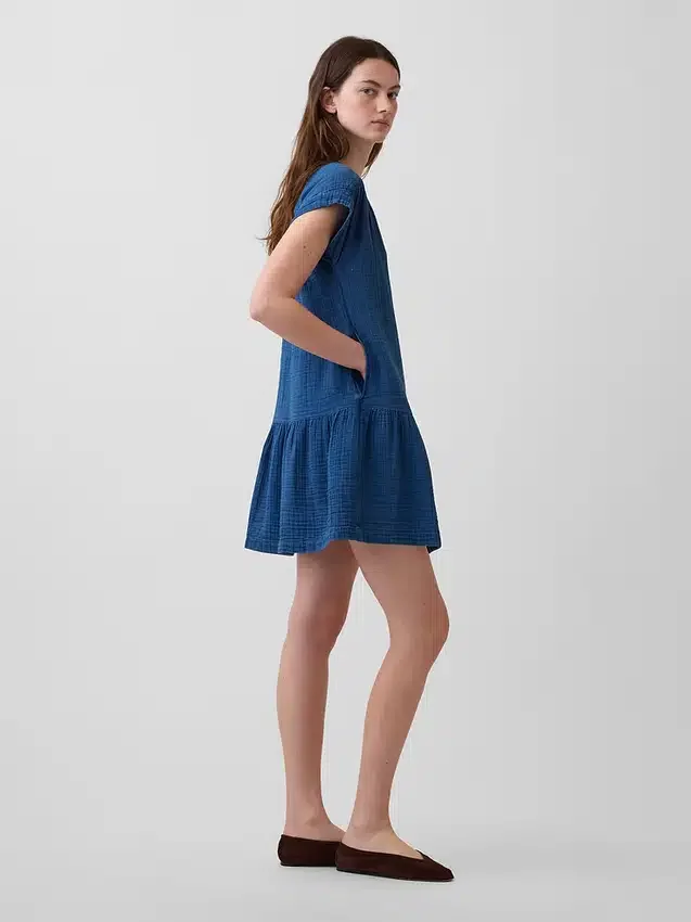 Minivestido tipo camisa de mezclilla de gasa de algodón con cintura baja