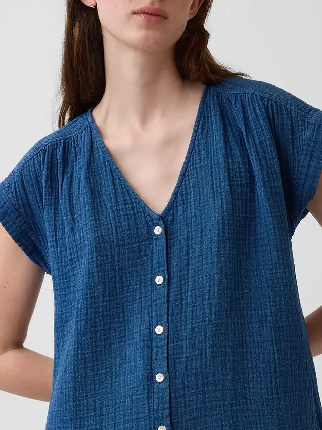 Minivestido tipo camisa de mezclilla de gasa de algodón con cintura baja