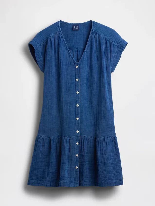 Minivestido tipo camisa de mezclilla de gasa de algodón con cintura baja