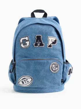 Mochila infantil de mezclilla con parches de logotipos