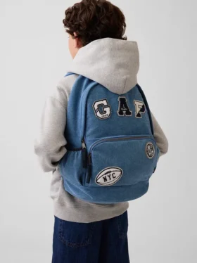 Mochila infantil de mezclilla con parches de logotipos
