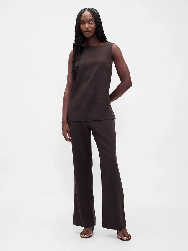 Pantalones acampanados de mezcla de lino de talle bajo