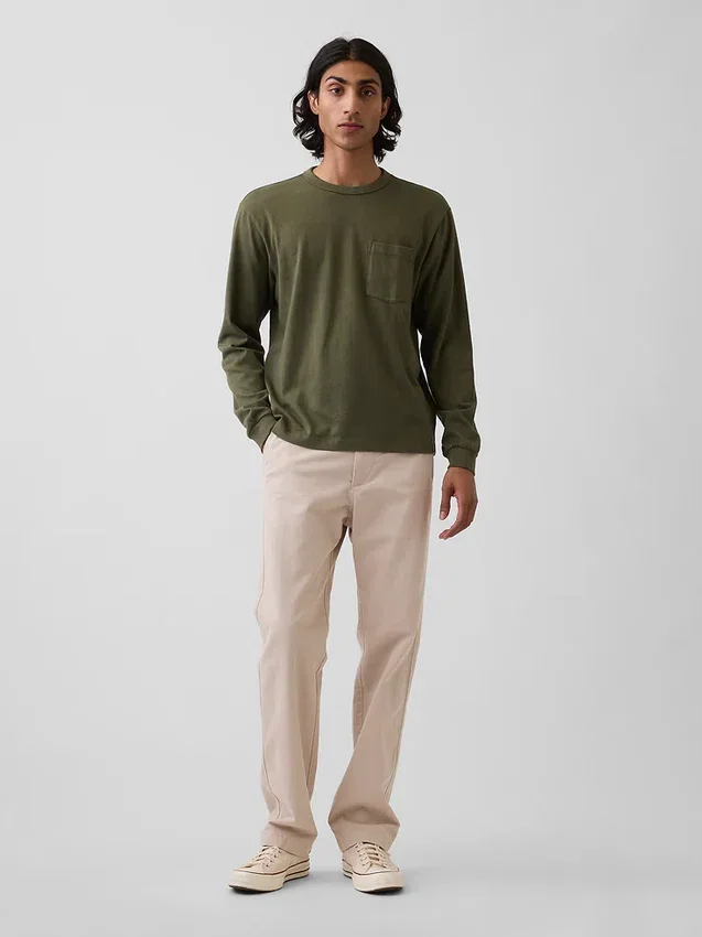 Pantalones caqui rectos de corte relajado en sarga pesada