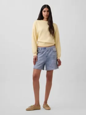 Pantalones cortos cómodos de tela de punto estampada estilo denim, de talle medio, de 5"